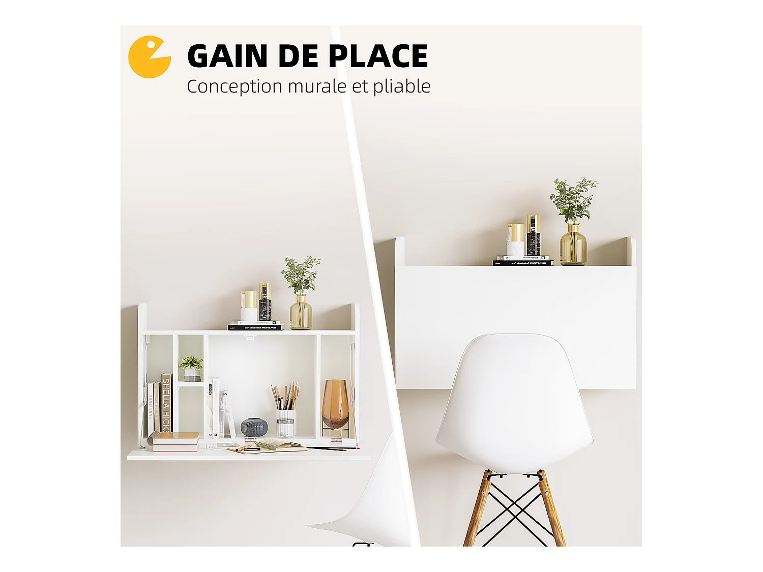 Bureau mural pliable - table murale rabattable - 5 niches, étagère - panneaux particules blanc