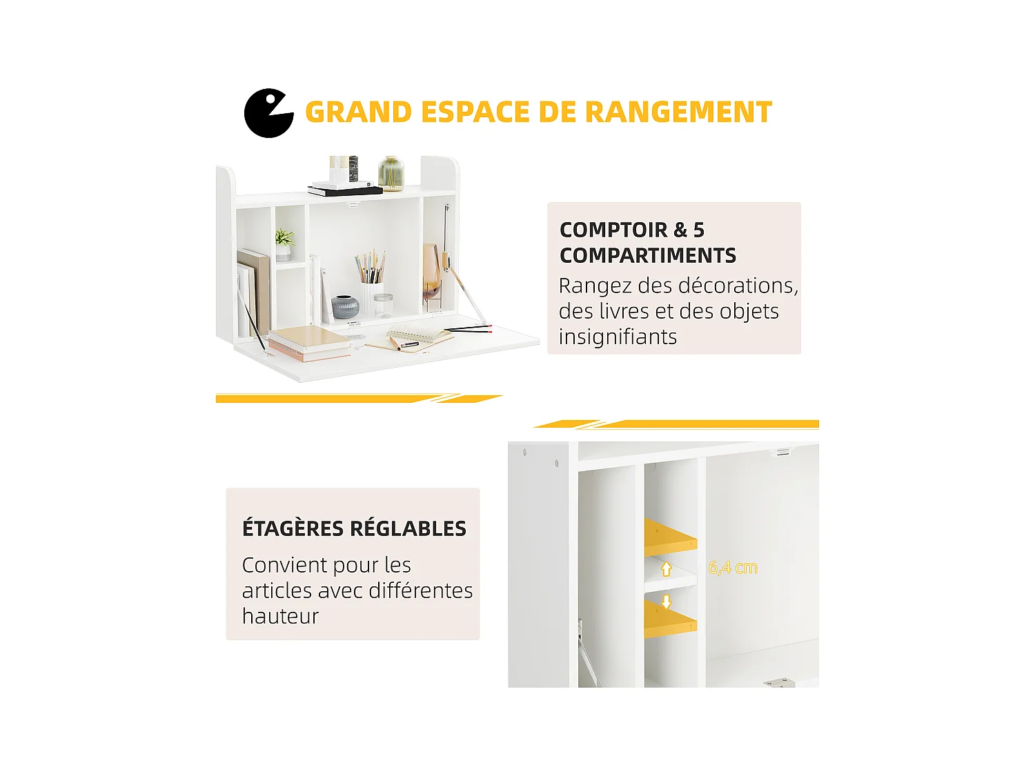 Bureau mural pliable - table murale rabattable - 5 niches, étagère - panneaux particules blanc