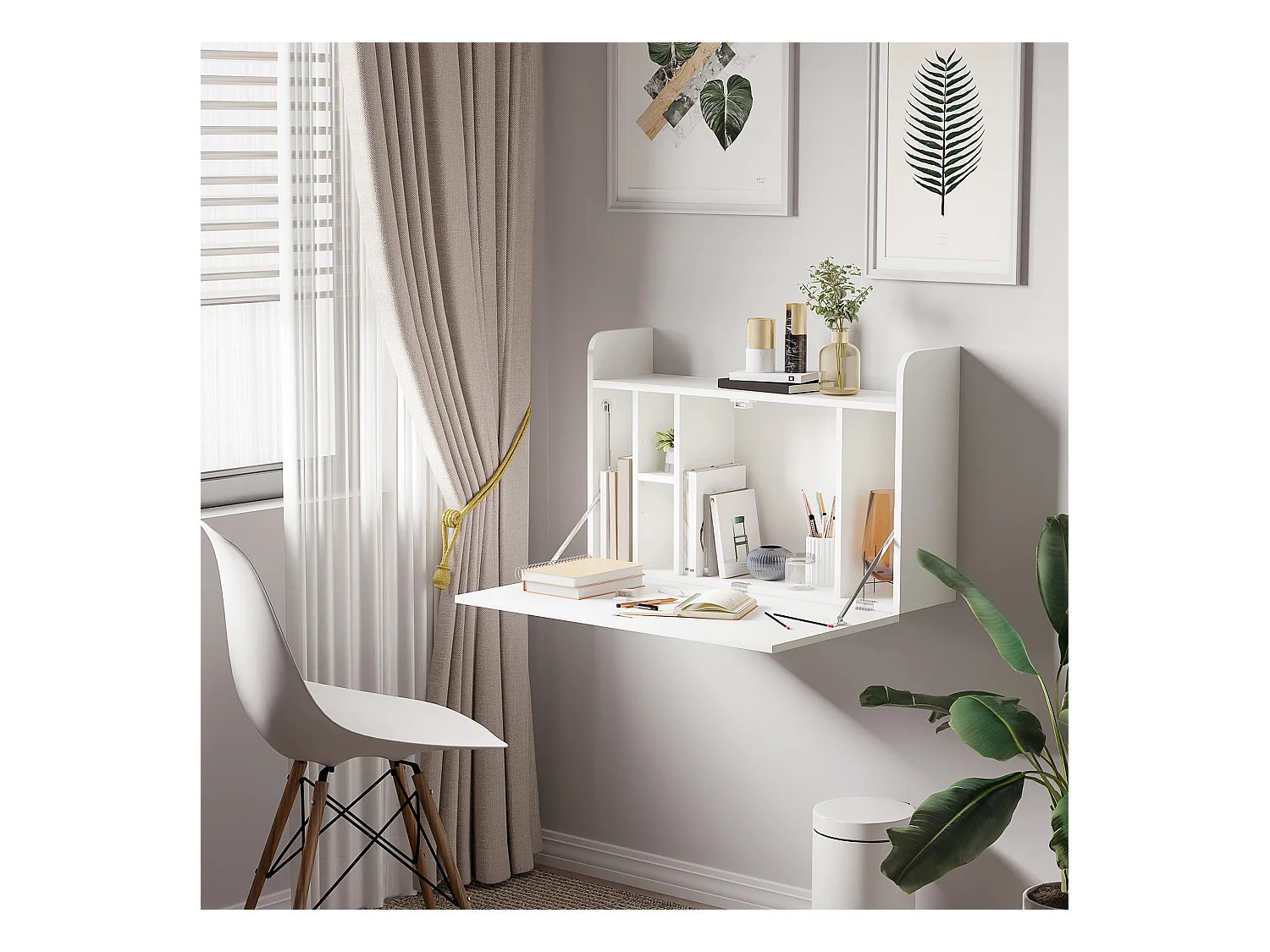 Bureau mural pliable - table murale rabattable - 5 niches, étagère - panneaux particules blanc