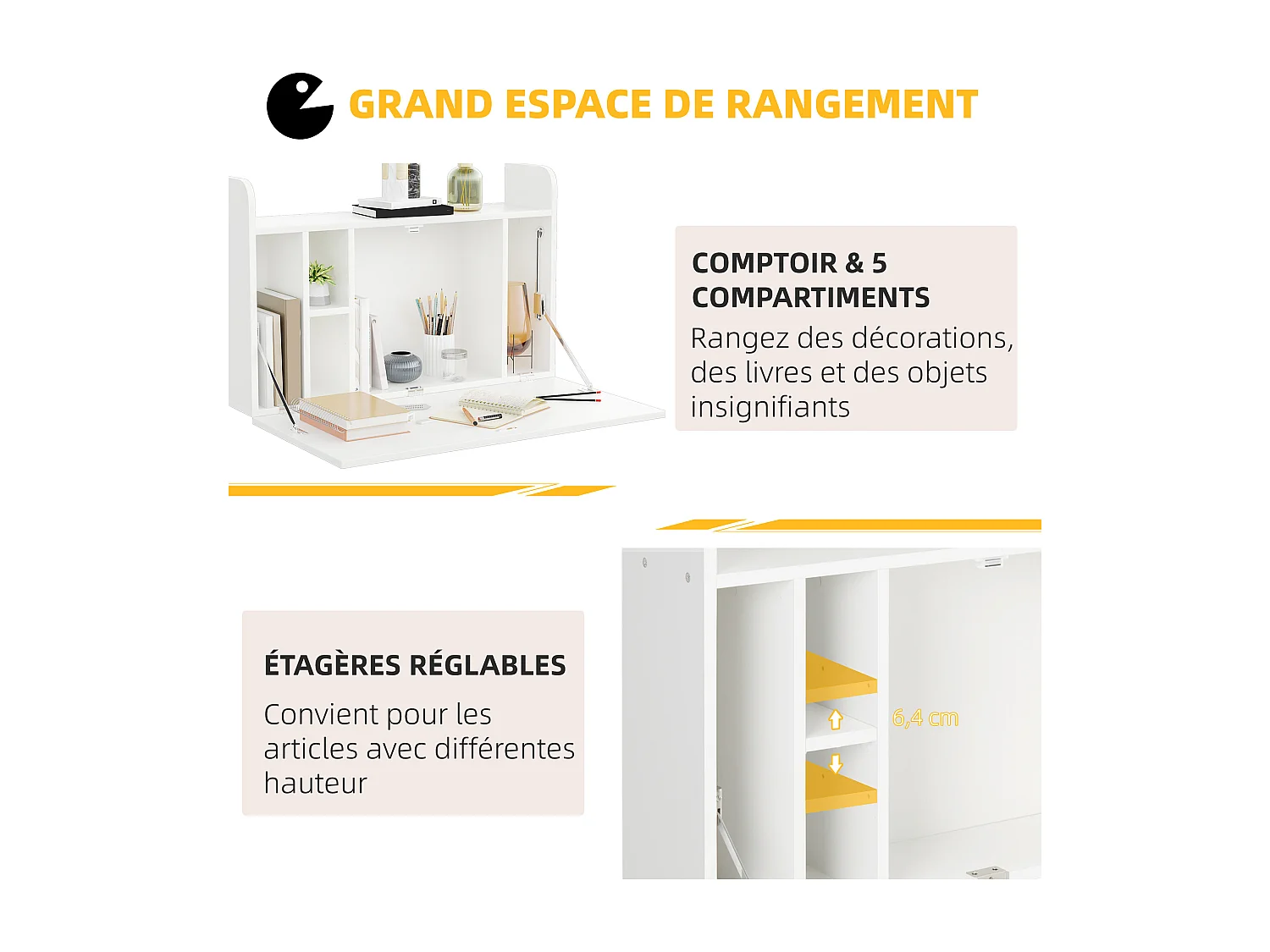 Bureau mural pliable - table murale rabattable - 5 niches, étagère - panneaux particules blanc