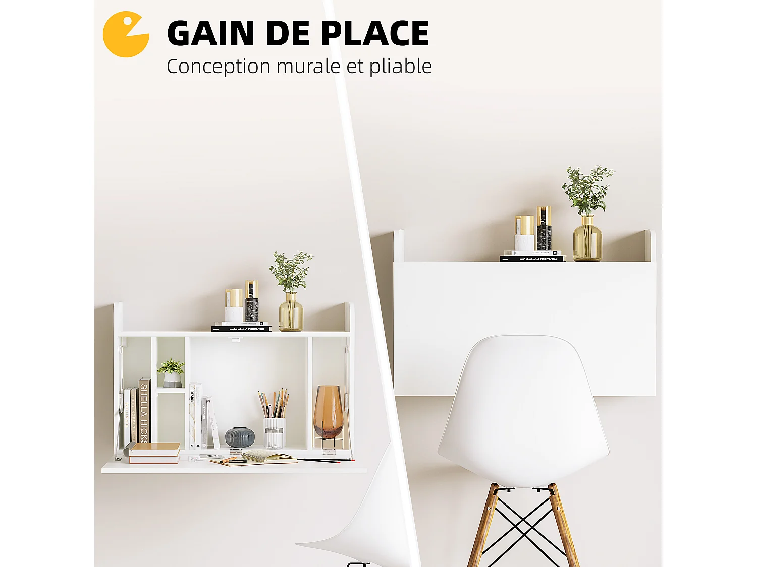 Bureau mural pliable - table murale rabattable - 5 niches, étagère - panneaux particules blanc