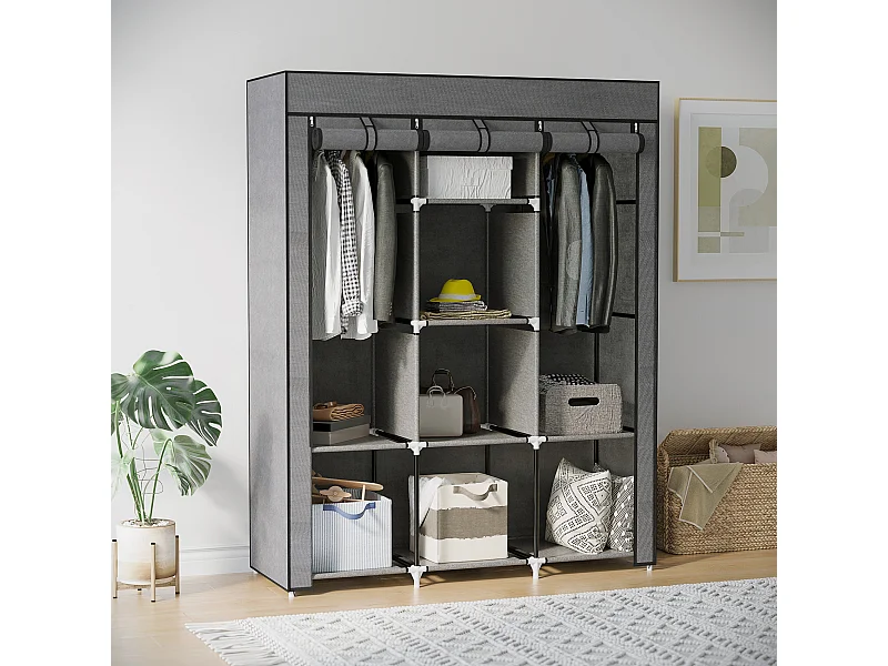 Armoire penderie multi-rangement - 8 étagères, 2 barres - dim. 125L x 43l x 162,5H cm - acier noir non tissé gris