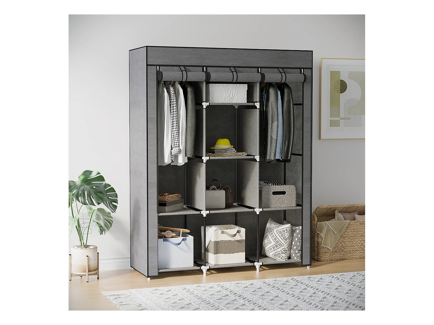 Armoire penderie multi-rangement - 8 étagères, 2 barres - dim. 125L x 43l x 162,5H cm - acier noir non tissé gris