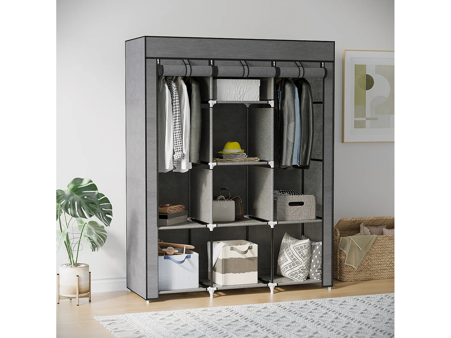 Armoire penderie multi-rangement - 8 étagères, 2 barres - dim. 125L x 43l x 162,5H cm - acier noir non tissé gris