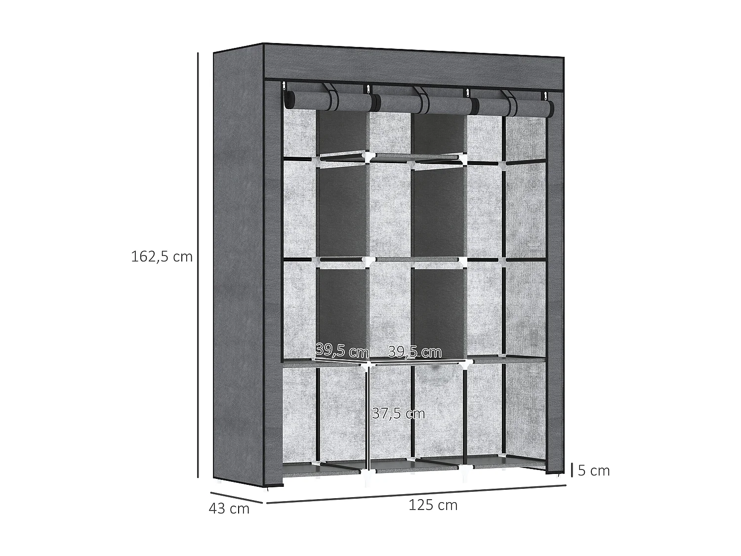 Armoire penderie multi-rangement - 8 étagères, 2 barres - dim. 125L x 43l x 162,5H cm - acier noir non tissé gris