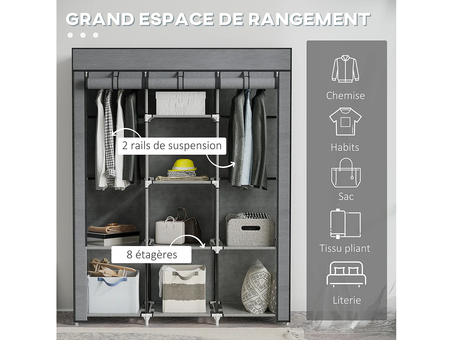 Armoire penderie multi-rangement - 8 étagères, 2 barres - dim. 125L x 43l x 162,5H cm - acier noir non tissé gris