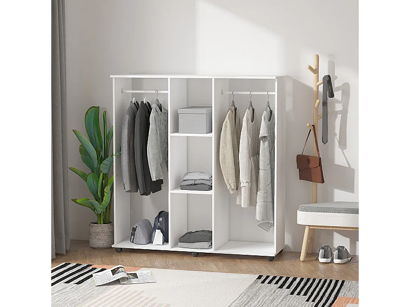 Armoire penderie meuble de rangement mobile 6 roulettes 120L x 40l x 128H cm panneaux de particules aspect bois blanc