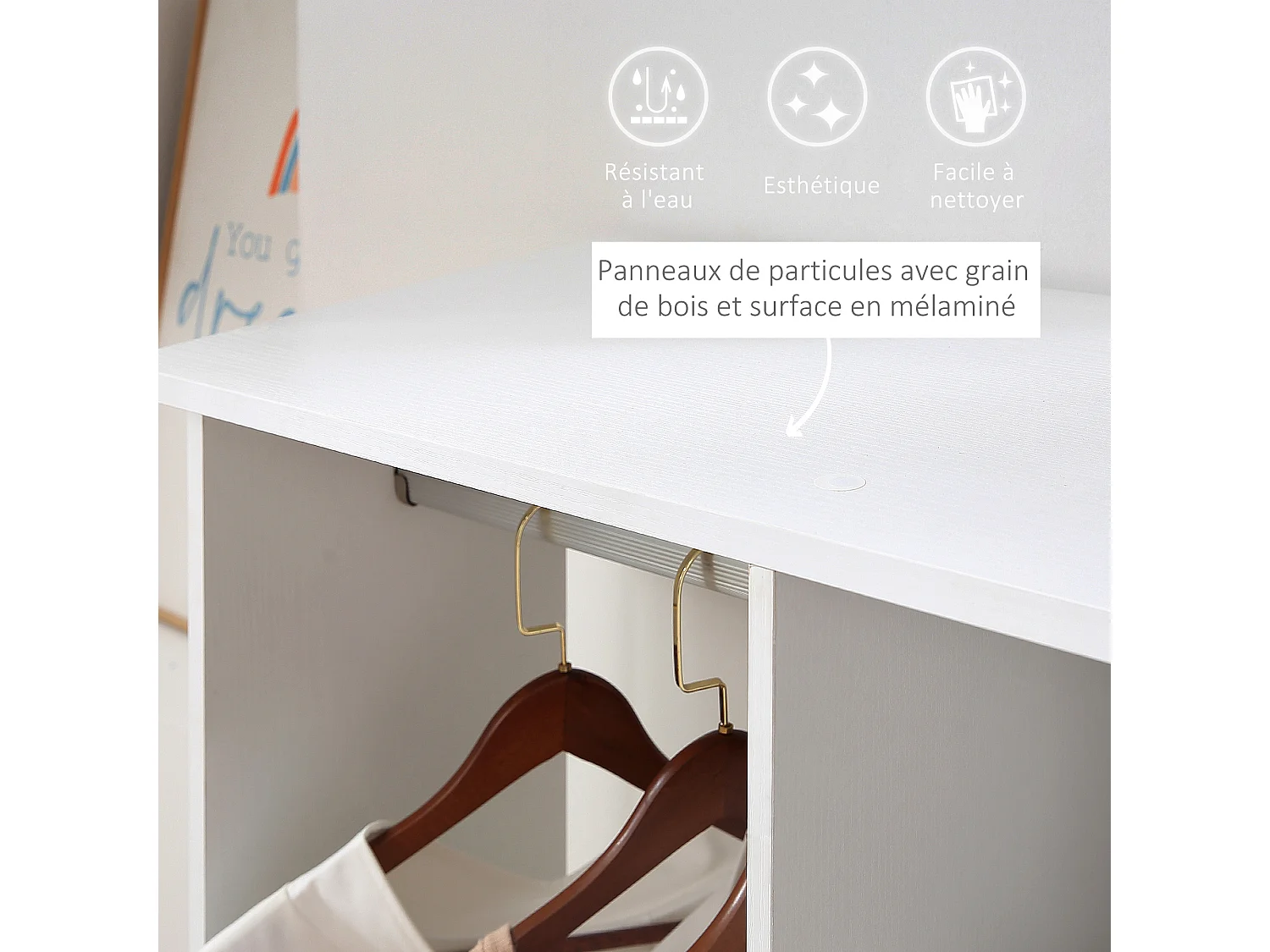 Armoire penderie meuble de rangement mobile 6 roulettes 120L x 40l x 128H cm panneaux de particules aspect bois blanc