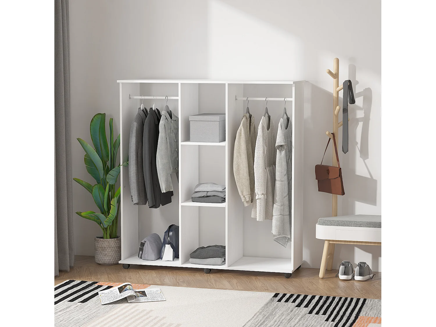 Armoire penderie meuble de rangement mobile 6 roulettes 120L x 40l x 128H cm panneaux de particules aspect bois blanc