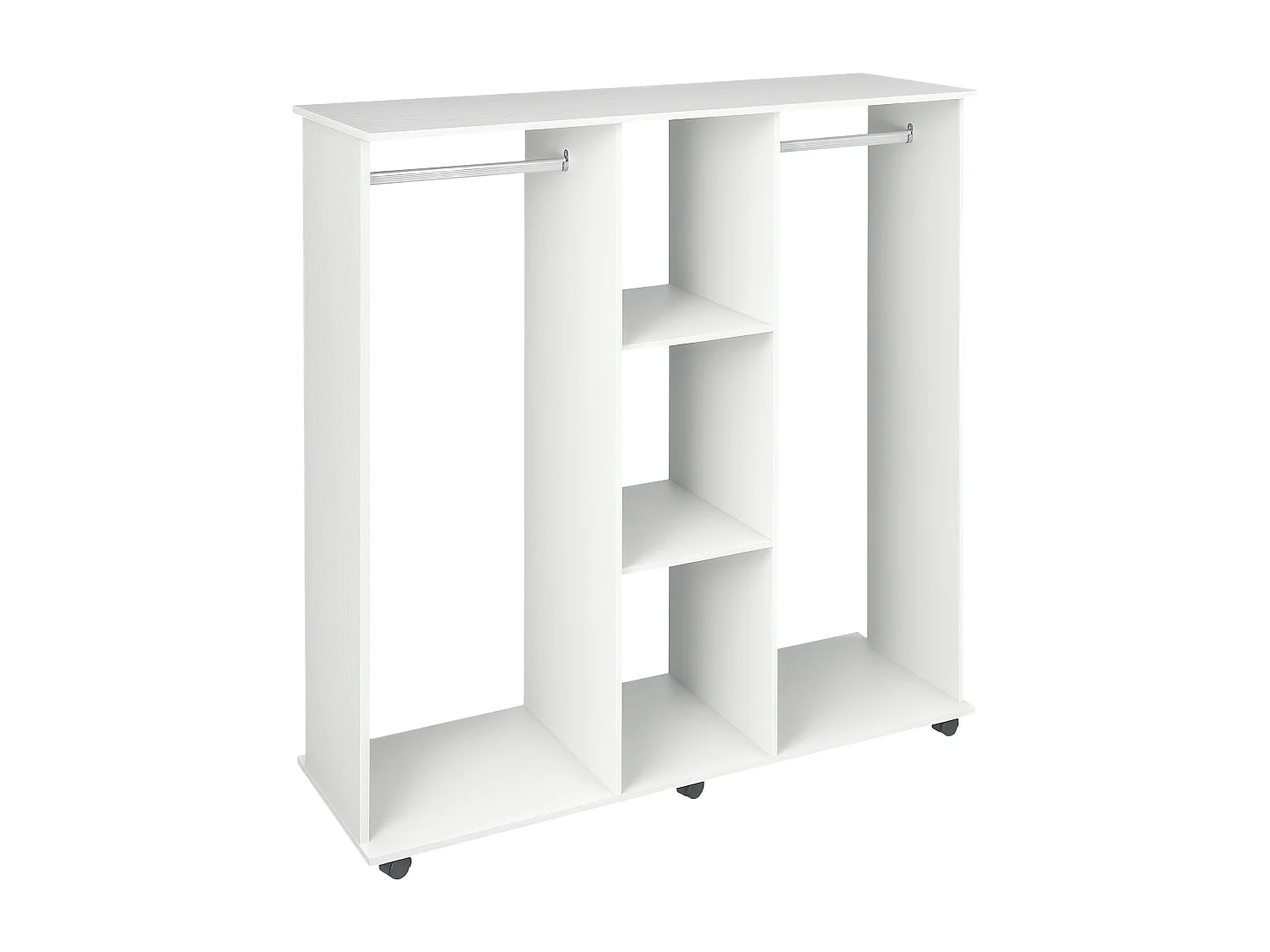 Armoire penderie meuble de rangement mobile 6 roulettes 120L x 40l x 128H cm panneaux de particules aspect bois blanc