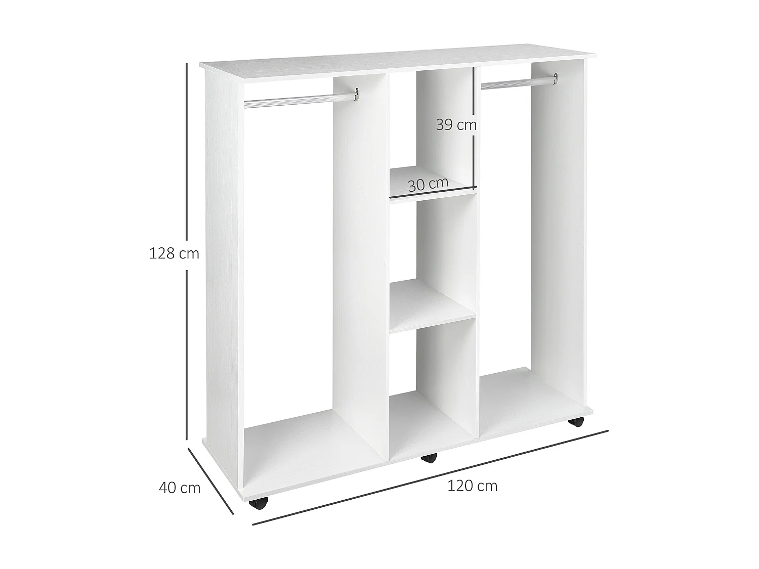 Armoire penderie meuble de rangement mobile 6 roulettes 120L x 40l x 128H cm panneaux de particules aspect bois blanc