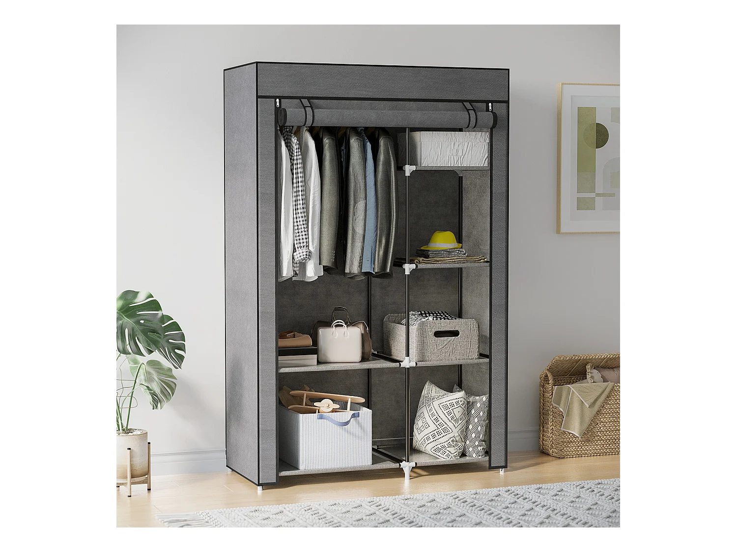 Armoire penderie multi-rangement - 6 étagères, 1 barre - dim. 103L x 43l x 162,5H cm - acier noir non tissé gris