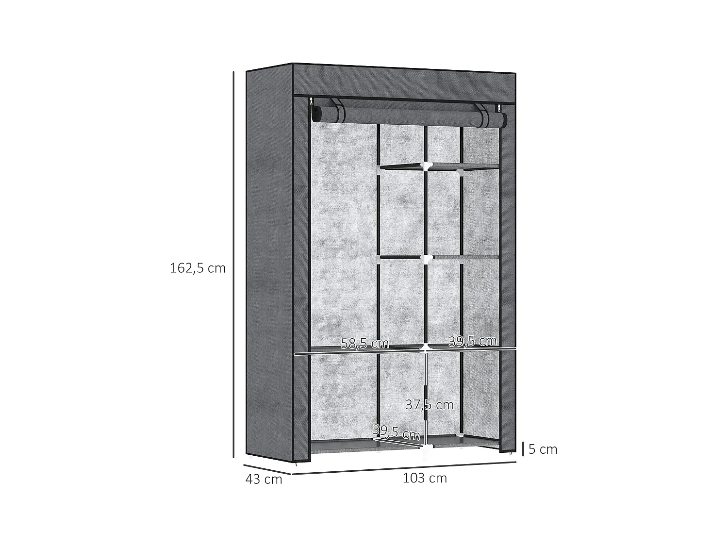 Armoire penderie multi-rangement - 6 étagères, 1 barre - dim. 103L x 43l x 162,5H cm - acier noir non tissé gris