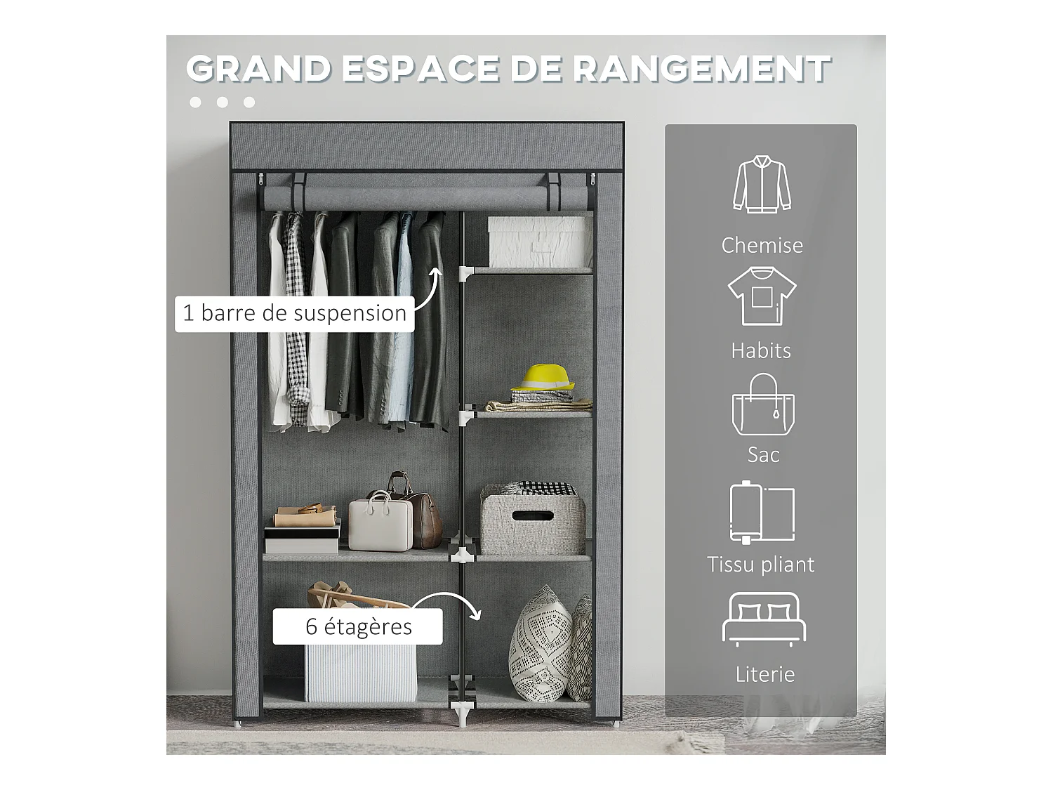 Armoire penderie multi-rangement - 6 étagères, 1 barre - dim. 103L x 43l x 162,5H cm - acier noir non tissé gris