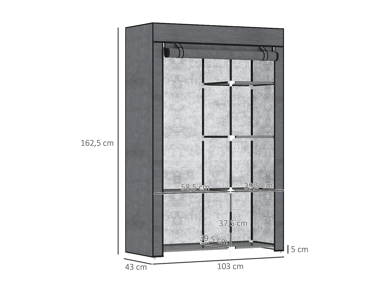 Armoire penderie multi-rangement - 6 étagères, 1 barre - dim. 103L x 43l x 162,5H cm - acier noir non tissé gris