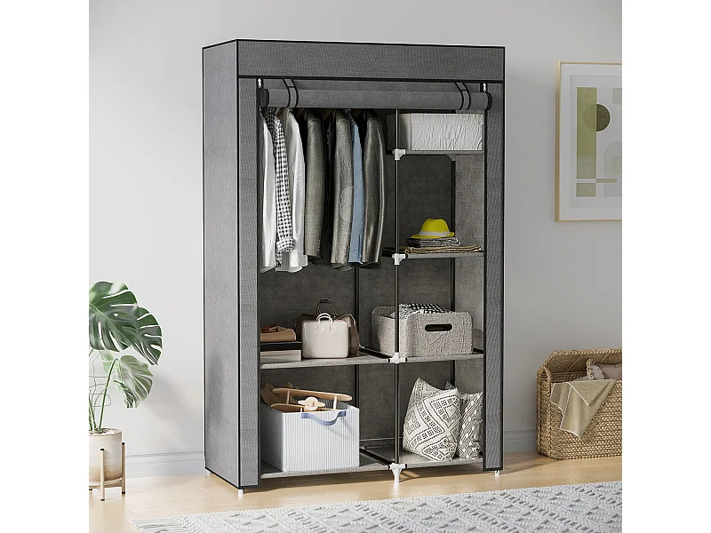 Armoire penderie multi-rangement - 6 étagères, 1 barre - dim. 103L x 43l x 162,5H cm - acier noir non tissé gris