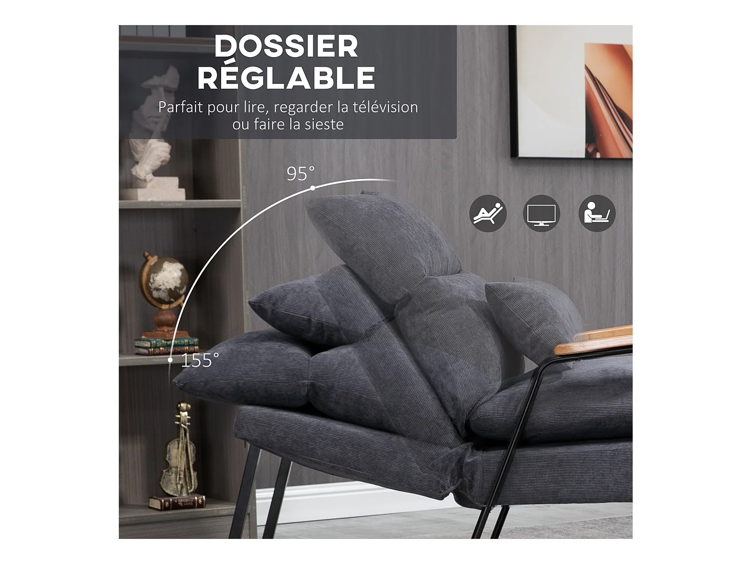 Fauteuil lounge style néo-rétro avec repose-pied - dossier inclinable - structure acier noir accoudoirs bois hévéa revêtement velours cotelé gris