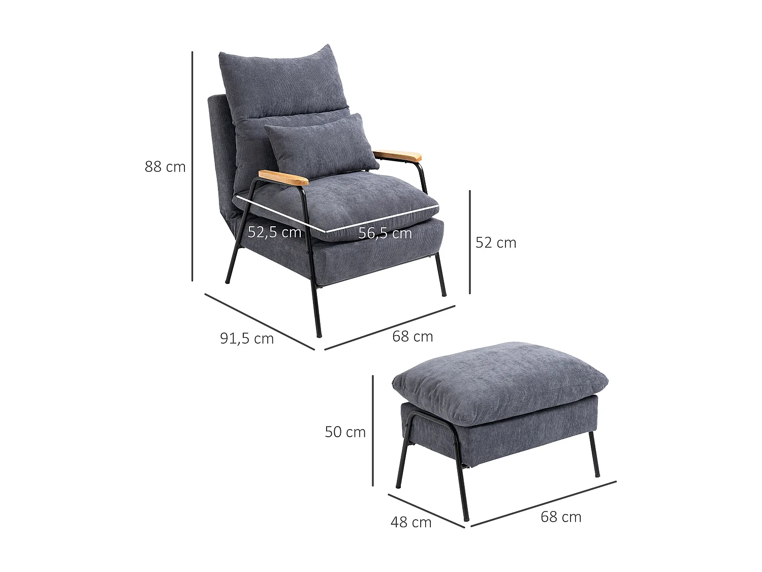 Fauteuil lounge style néo-rétro avec repose-pied - dossier inclinable - structure acier noir accoudoirs bois hévéa revêtement velours cotelé gris
