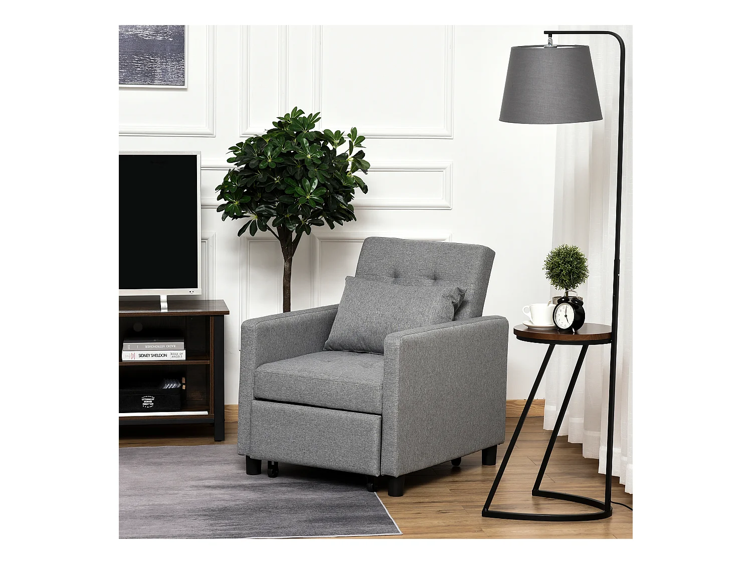Fauteuil chauffeuse canapé-lit convertible 1 place dossier inclinable 3 positions coussin inclus polyester coton gris