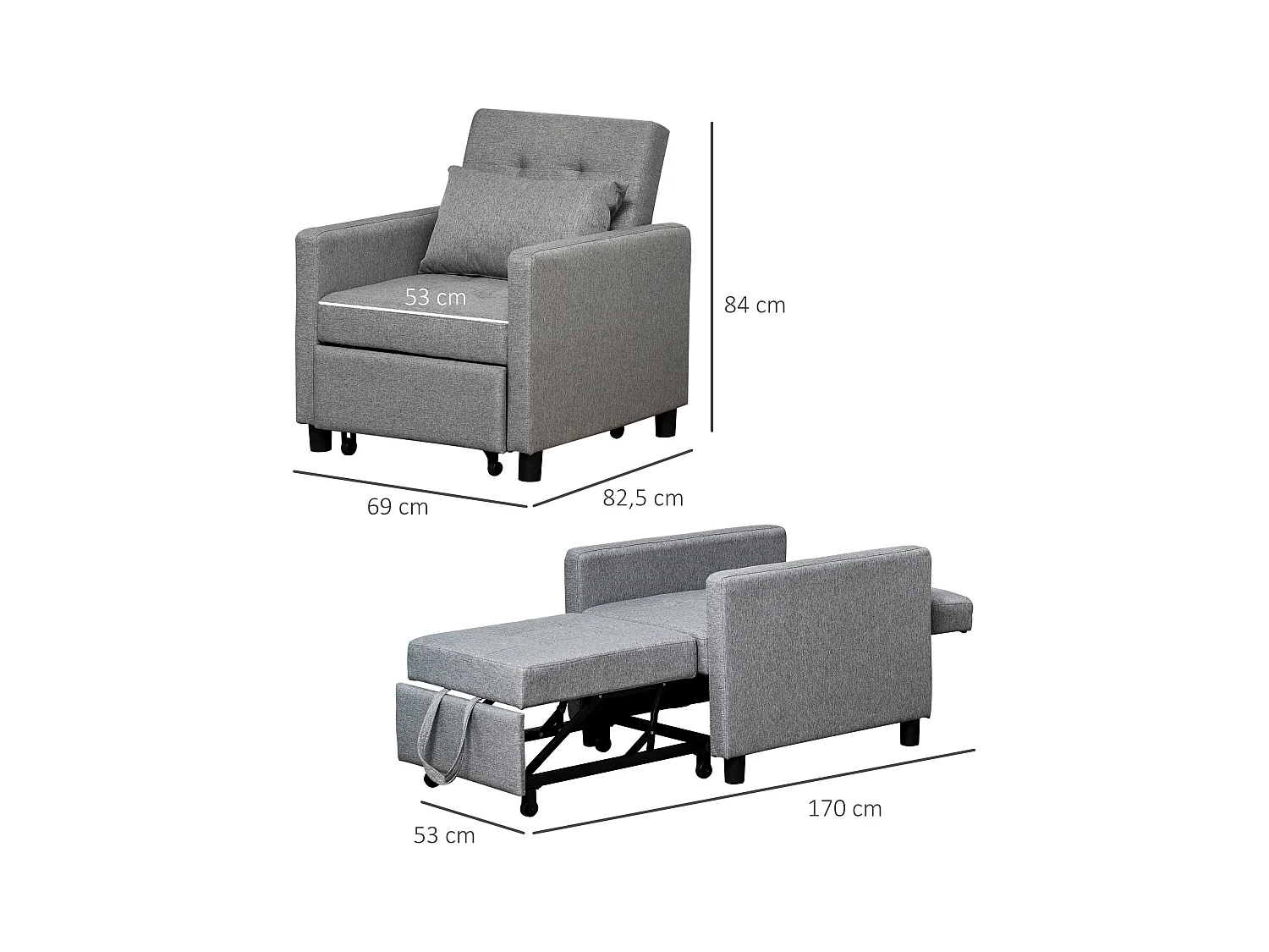 Fauteuil chauffeuse canapé-lit convertible 1 place dossier inclinable 3 positions coussin inclus polyester coton gris