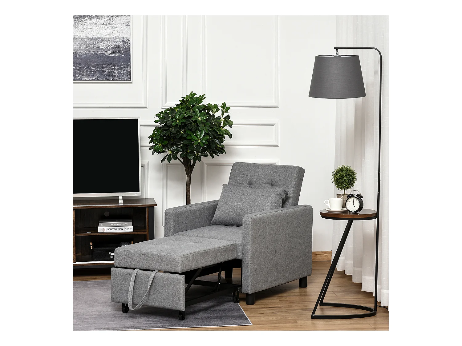 Fauteuil chauffeuse canapé-lit convertible 1 place dossier inclinable 3 positions coussin inclus polyester coton gris