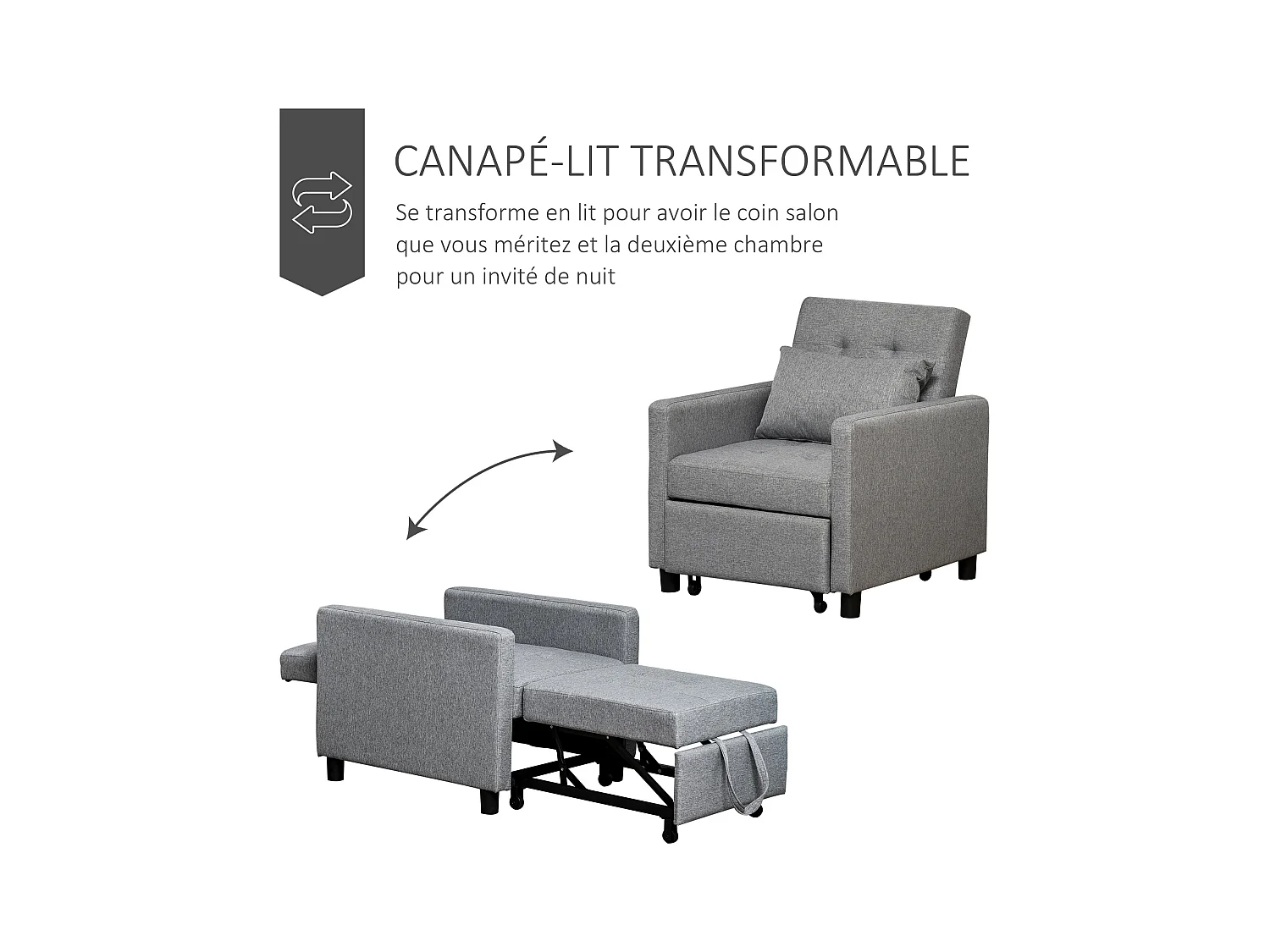 Fauteuil chauffeuse canapé-lit convertible 1 place dossier inclinable 3 positions coussin inclus polyester coton gris