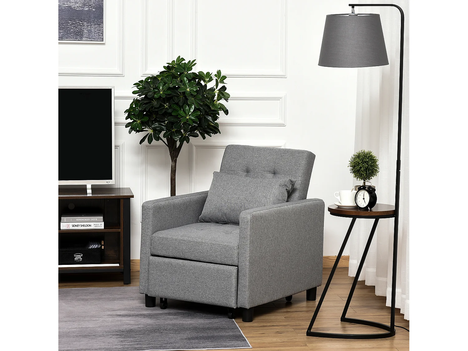 Fauteuil chauffeuse canapé-lit convertible 1 place dossier inclinable 3 positions coussin inclus polyester coton gris