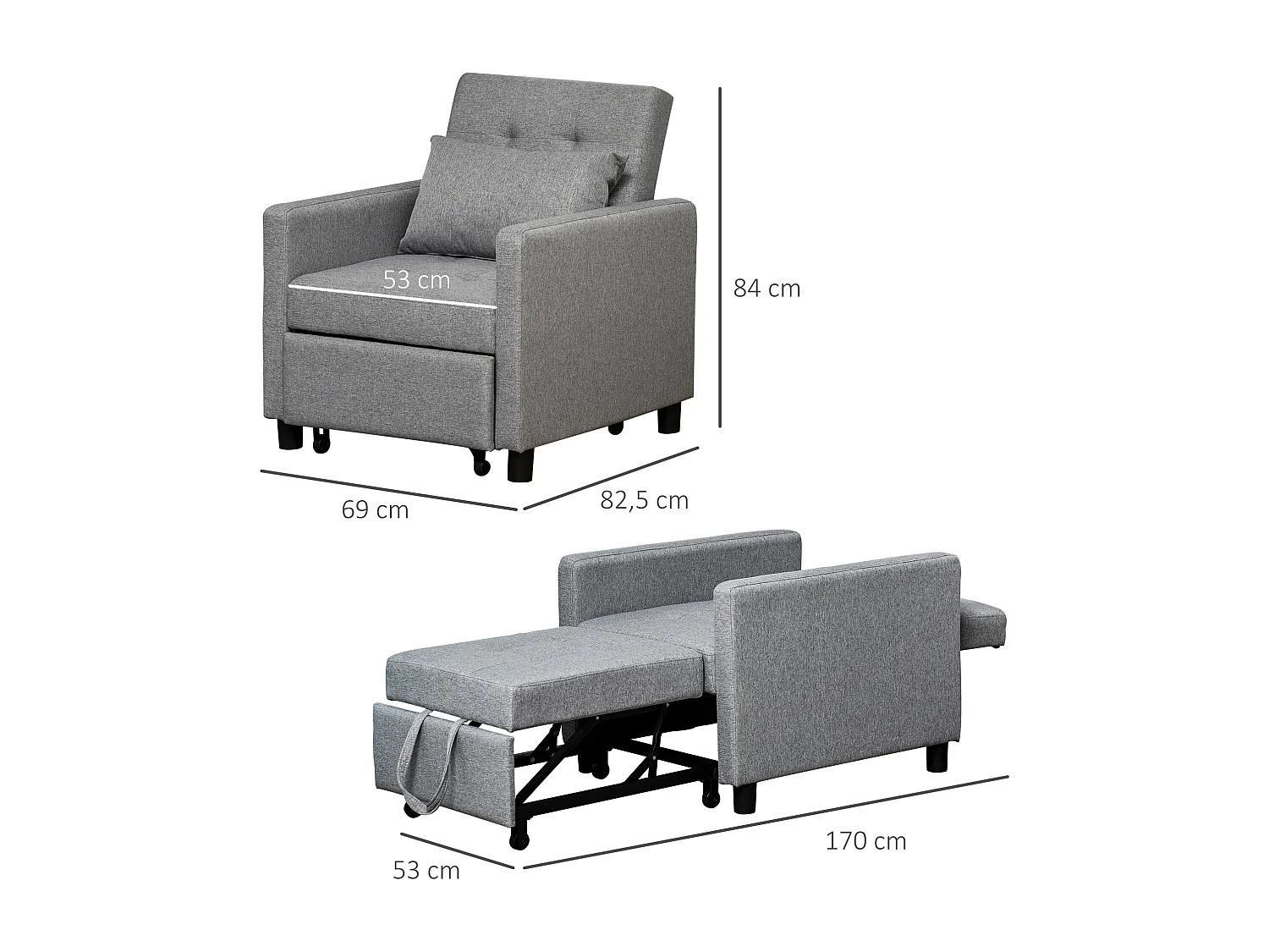 Fauteuil chauffeuse canapé-lit convertible 1 place dossier inclinable 3 positions coussin inclus polyester coton gris