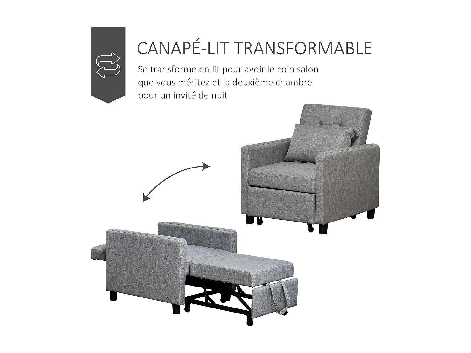 Fauteuil chauffeuse canapé-lit convertible 1 place dossier inclinable 3 positions coussin inclus polyester coton gris