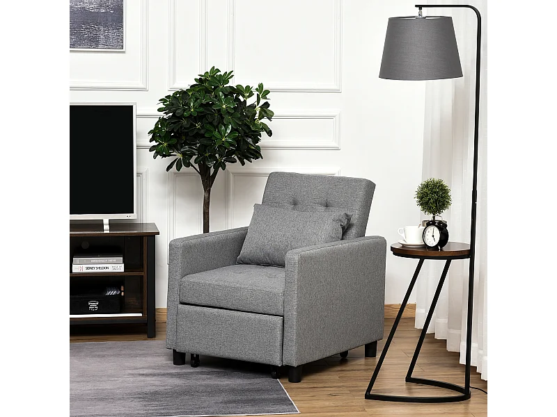 Fauteuil chauffeuse canapé-lit convertible 1 place dossier inclinable 3 positions coussin inclus polyester coton gris