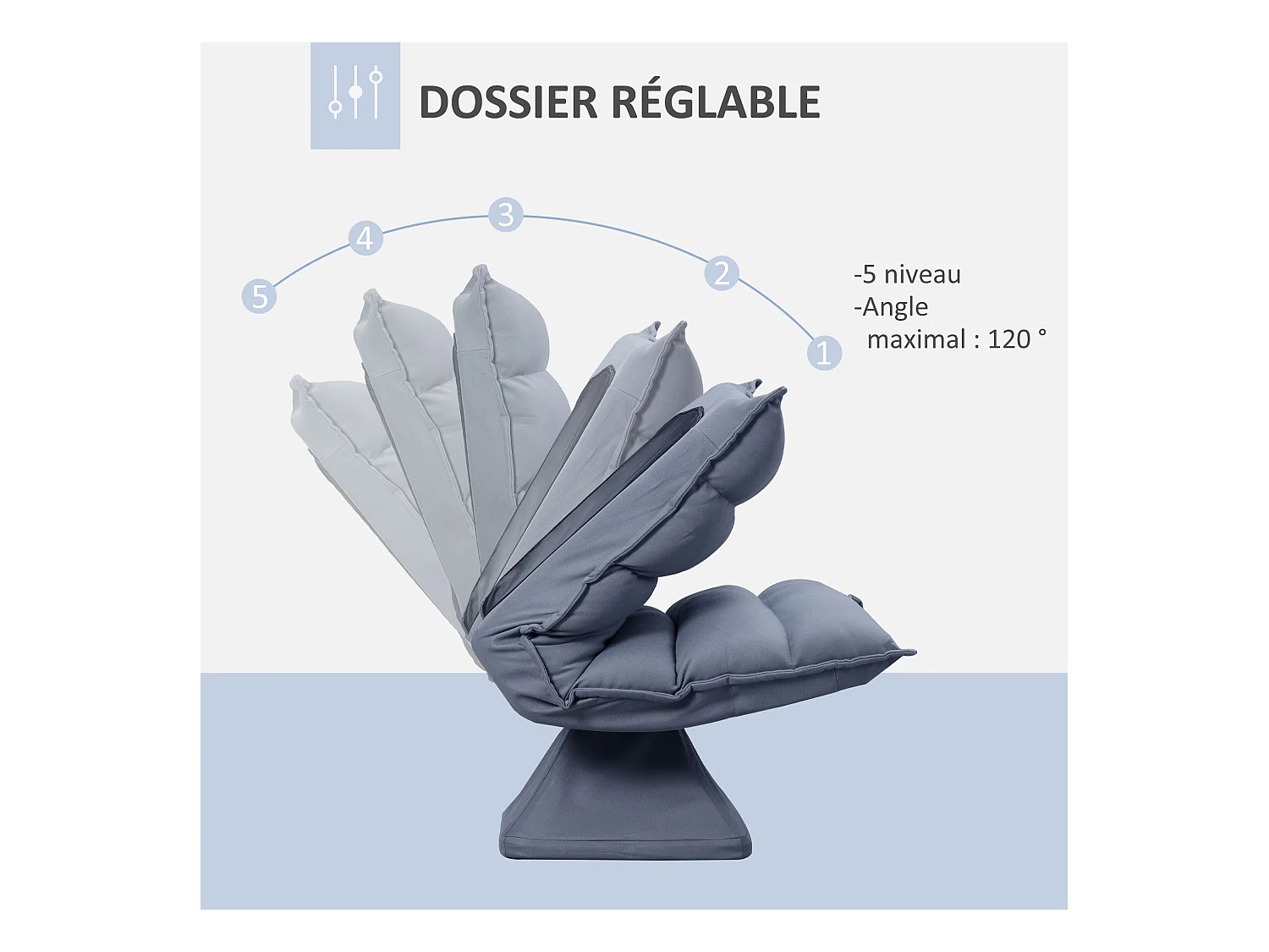 Fauteuil relax grand confort pivotant inclinaison réglable 5 niv. épais garnissage mousse haute densité tissu velours microfibre gris