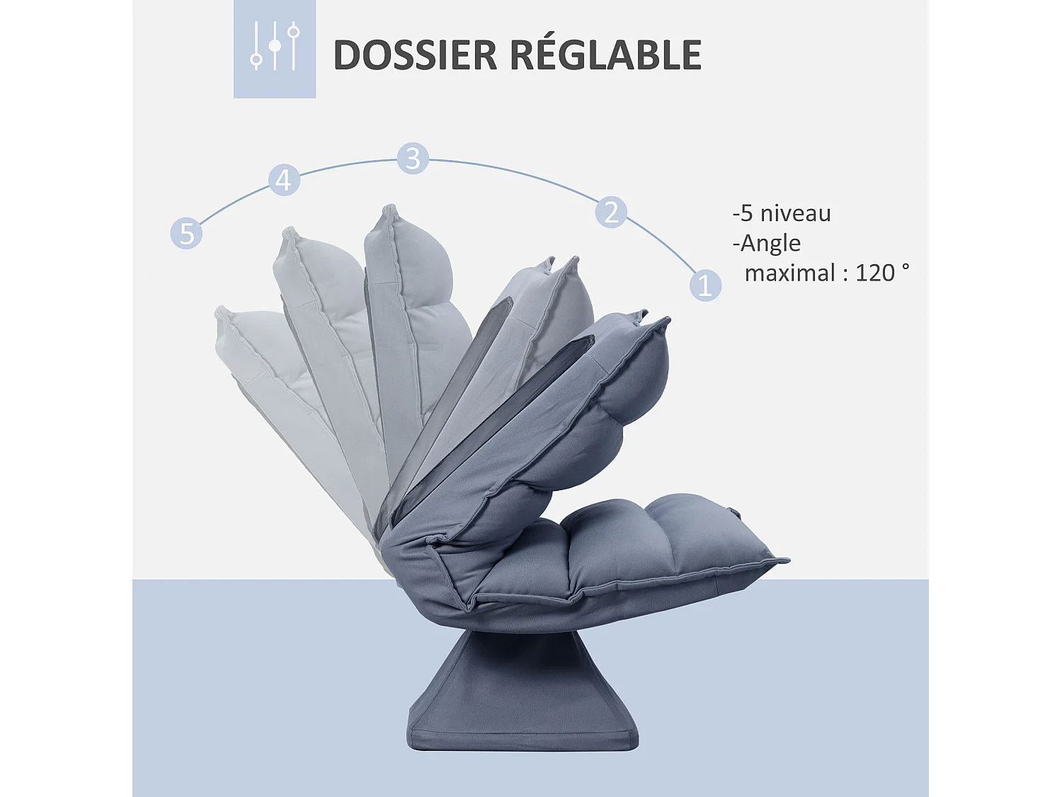 Fauteuil relax grand confort pivotant inclinaison réglable 5 niv. épais garnissage mousse haute densité tissu velours microfibre gris