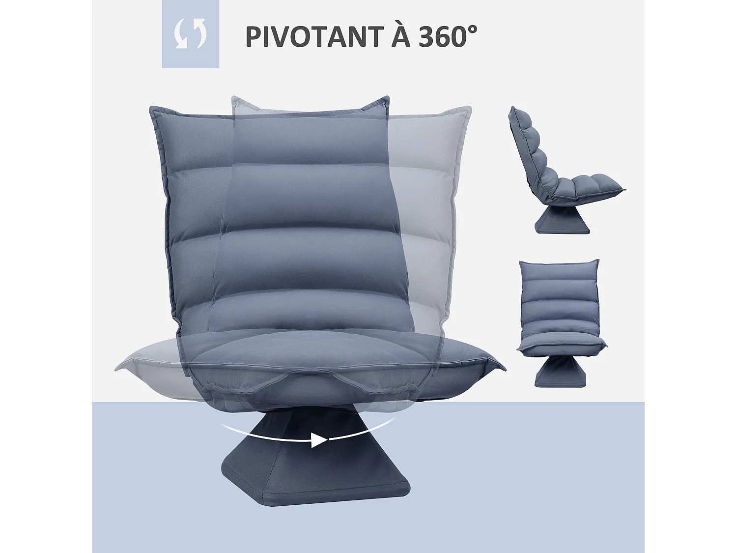 Fauteuil relax grand confort pivotant inclinaison réglable 5 niv. épais garnissage mousse haute densité tissu velours microfibre gris