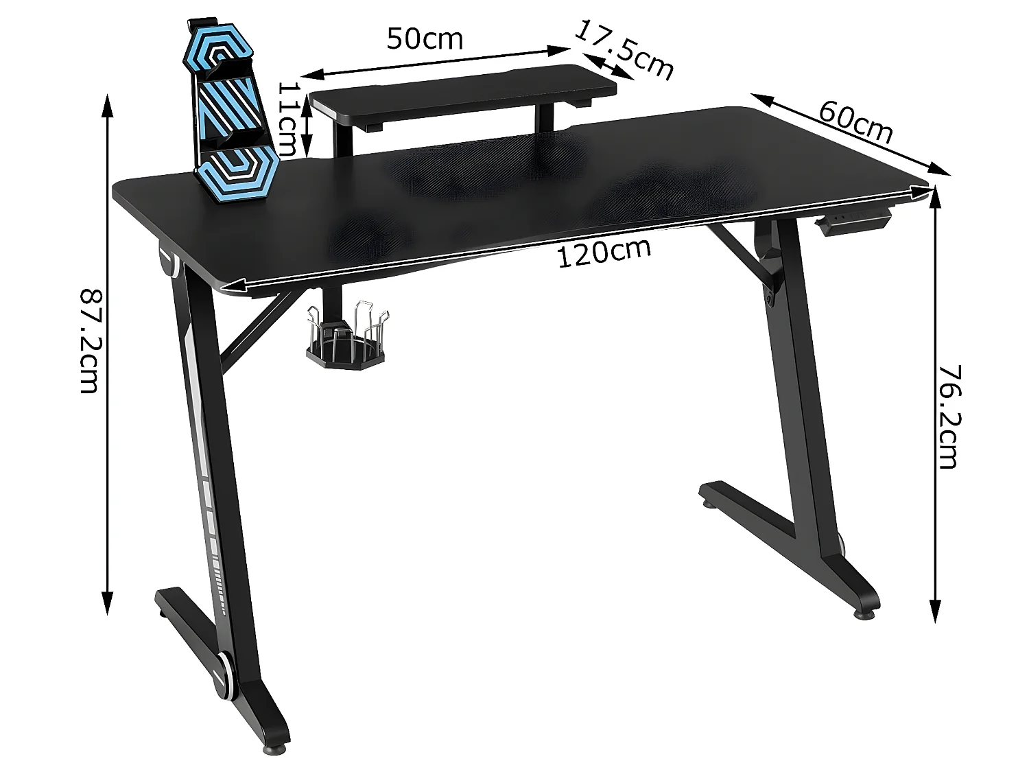 Bureau gamer table de jeu pour gaming surface en fibre de carbone lumières rvb avec porte-gobelet crochet pour casque 20_0000335