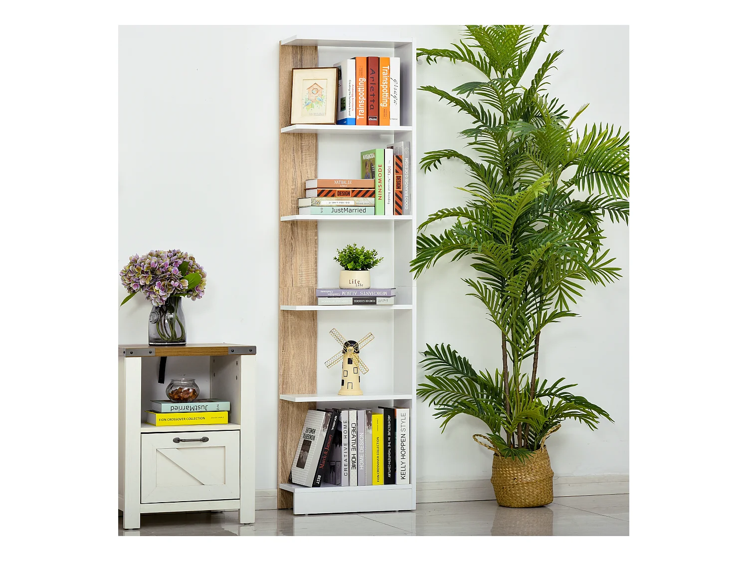 Bibliothèque Étagère de Rangement avec 5 Compartiments Ouverts Design Simple Moderne Idéale pour Salon Chambre Bureau 45 x 21 x 170 cm Blanc et Chêne