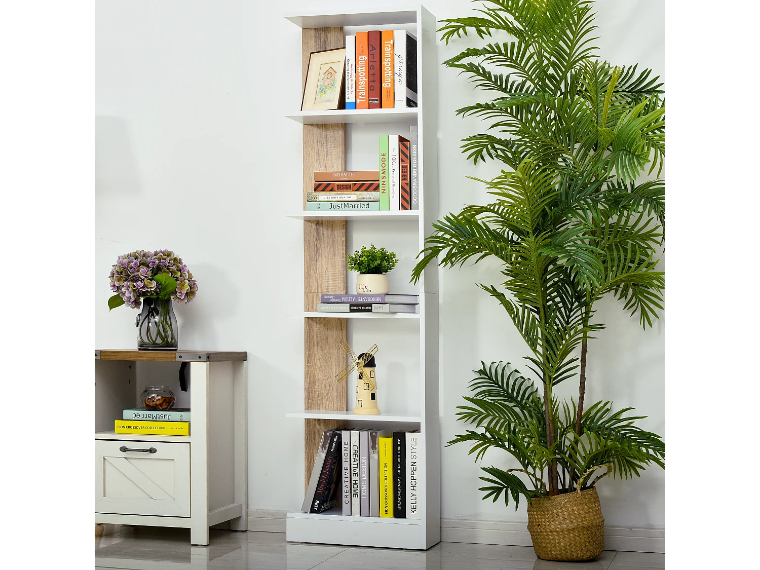 Bibliothèque Étagère de Rangement avec 5 Compartiments Ouverts Design Simple Moderne Idéale pour Salon Chambre Bureau 45 x 21 x 170 cm Blanc et Chêne