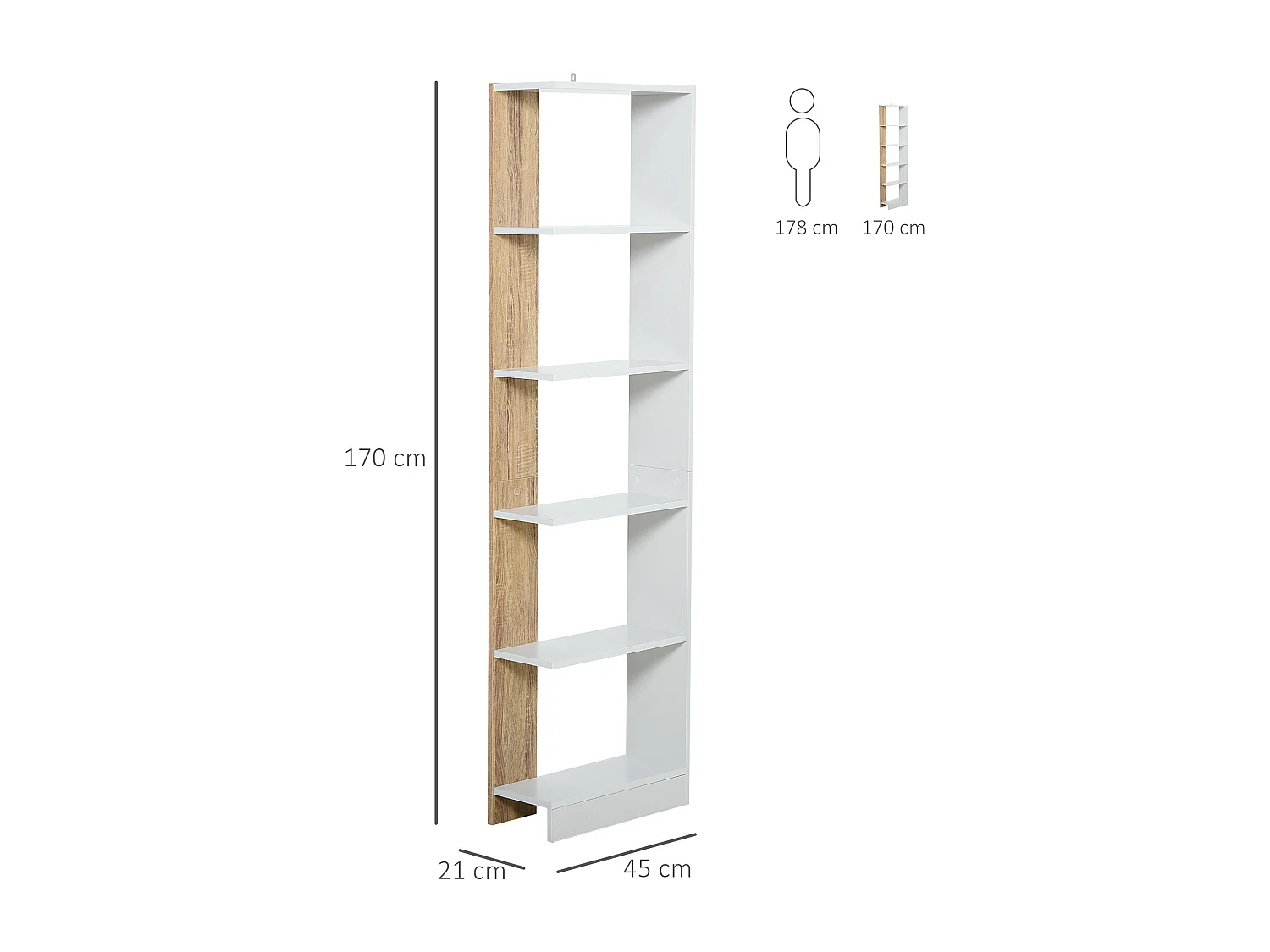 Bibliothèque Étagère de Rangement avec 5 Compartiments Ouverts Design Simple Moderne Idéale pour Salon Chambre Bureau 45 x 21 x 170 cm Blanc et Chêne