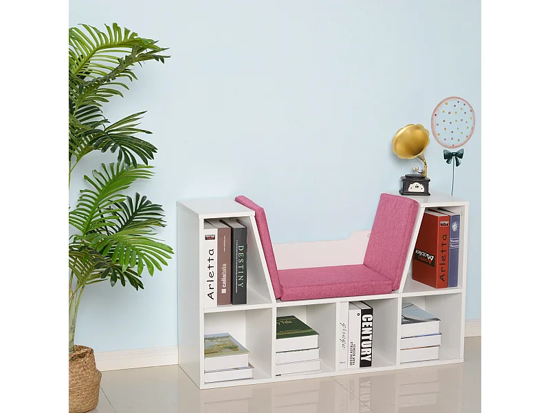 Bibliothèque banc 2 en 1 design contemporain 6 casiers 3 coussins fournis 102L x 30l x 61H cm blanc rose