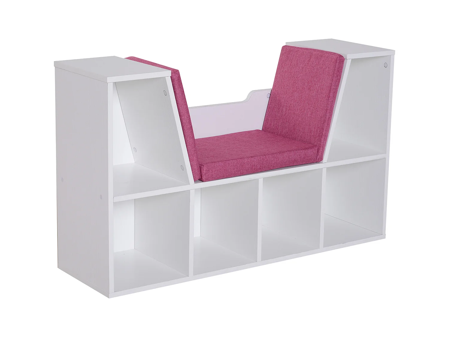 Bibliothèque banc 2 en 1 design contemporain 6 casiers 3 coussins fournis 102L x 30l x 61H cm blanc rose