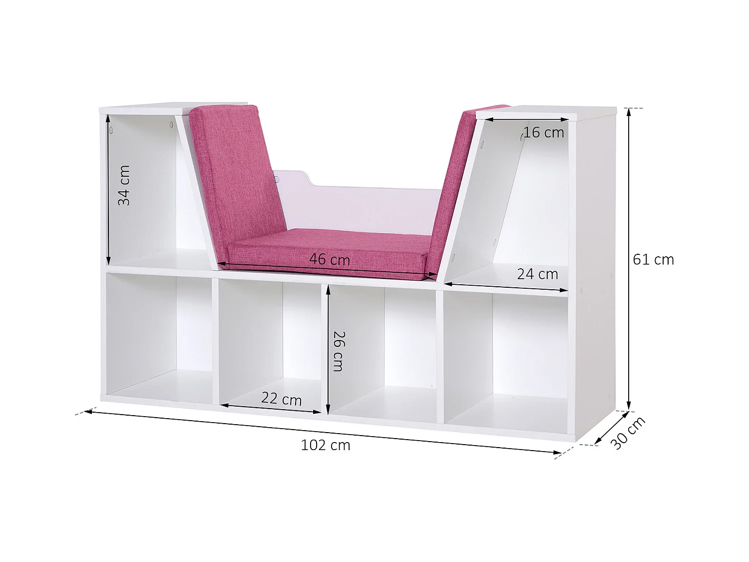 Bibliothèque banc 2 en 1 design contemporain 6 casiers 3 coussins fournis 102L x 30l x 61H cm blanc rose