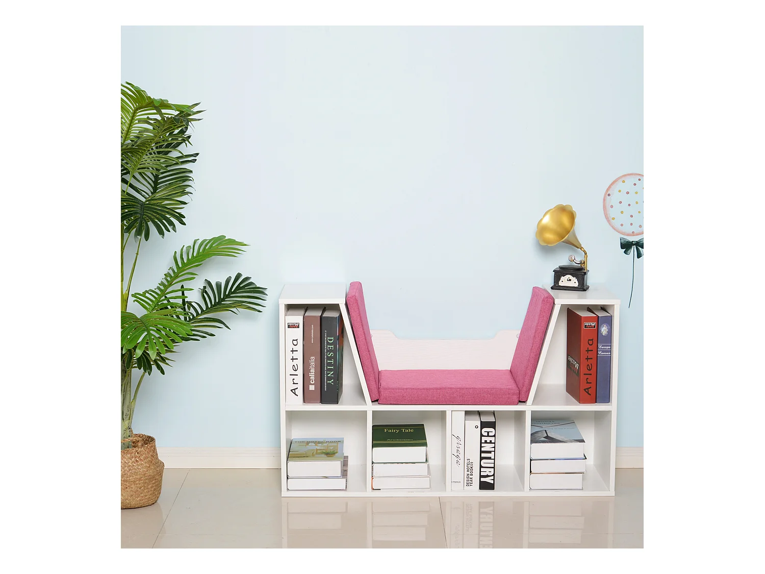 Bibliothèque banc 2 en 1 design contemporain 6 casiers 3 coussins fournis 102L x 30l x 61H cm blanc rose