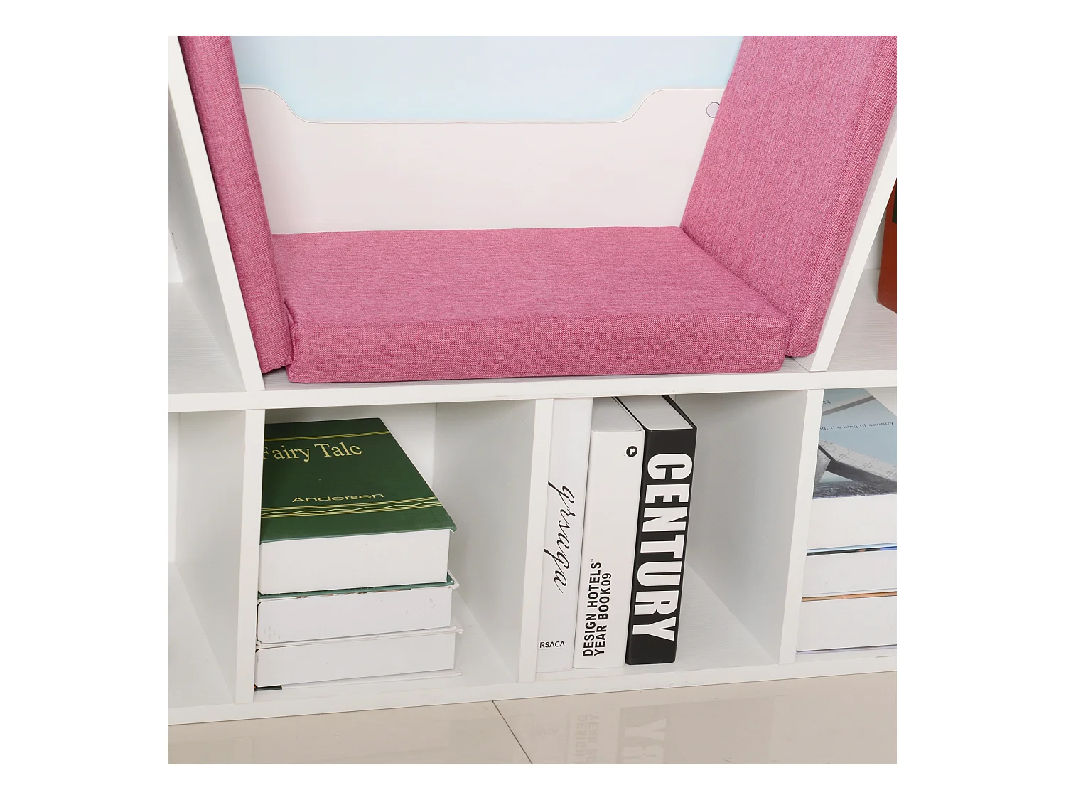 Bibliothèque banc 2 en 1 design contemporain 6 casiers 3 coussins fournis 102L x 30l x 61H cm blanc rose