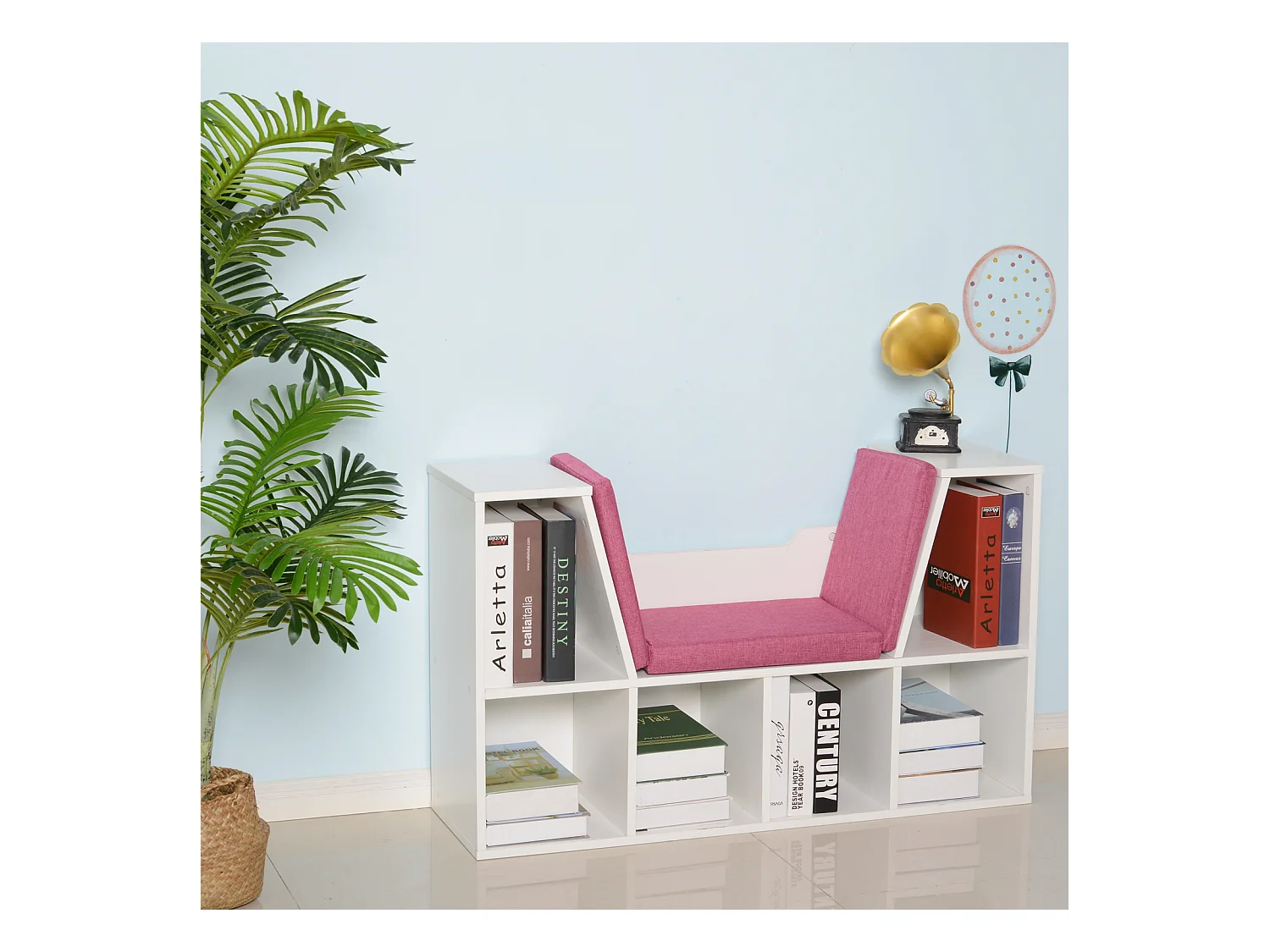 Bibliothèque banc 2 en 1 design contemporain 6 casiers 3 coussins fournis 102L x 30l x 61H cm blanc rose