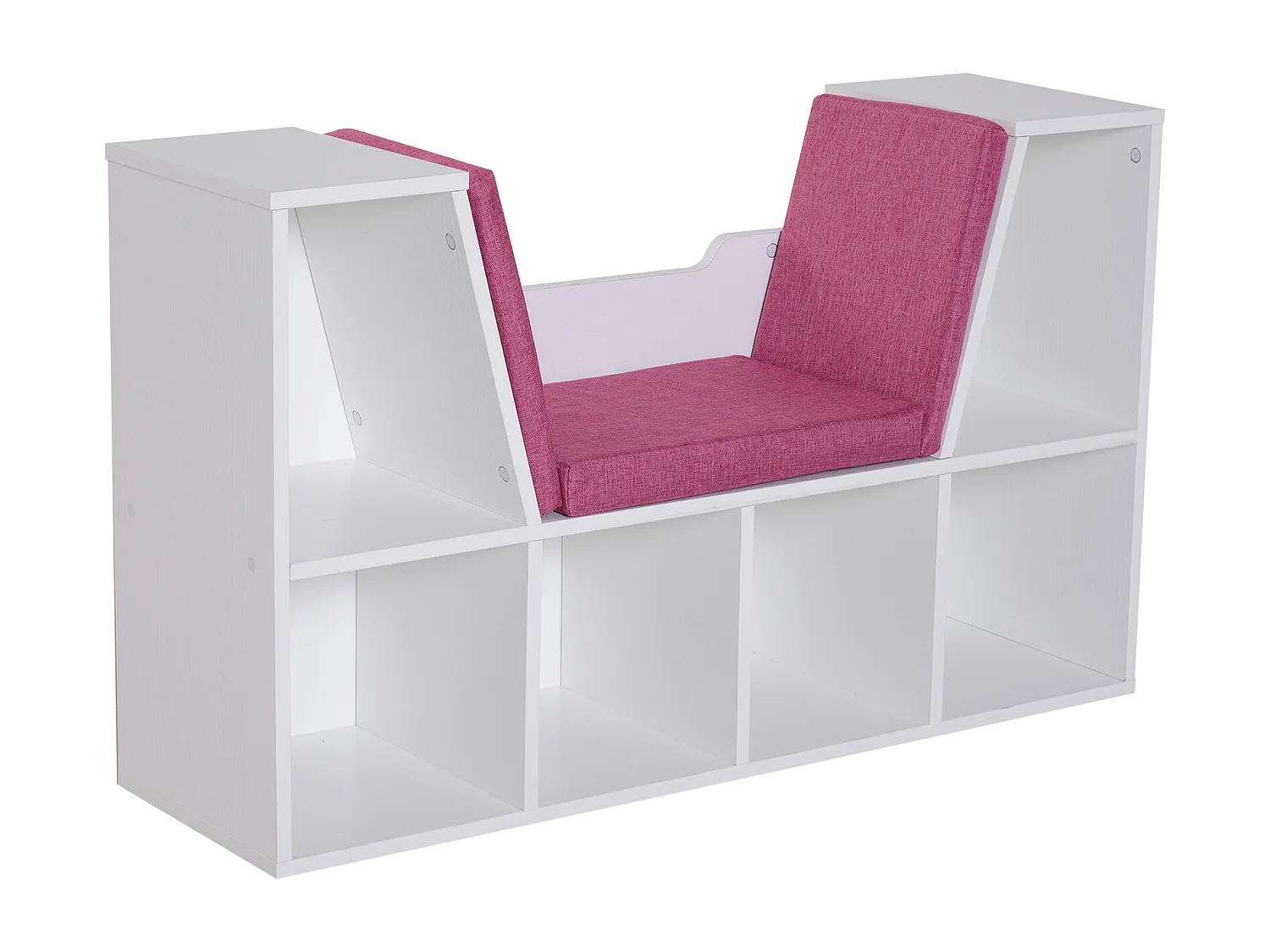 Bibliothèque banc 2 en 1 design contemporain 6 casiers 3 coussins fournis 102L x 30l x 61H cm blanc rose