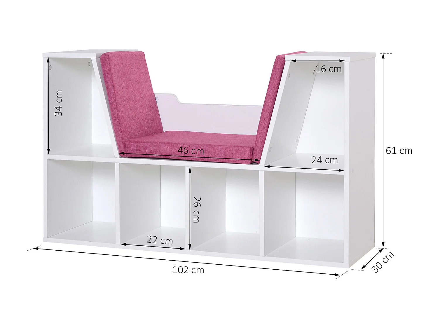 Bibliothèque banc 2 en 1 design contemporain 6 casiers 3 coussins fournis 102L x 30l x 61H cm blanc rose
