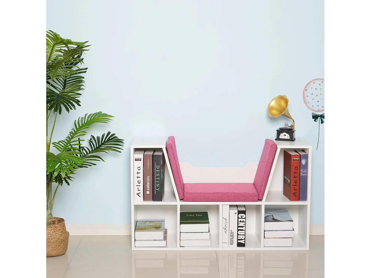Bibliothèque banc 2 en 1 design contemporain 6 casiers 3 coussins fournis 102L x 30l x 61H cm blanc rose