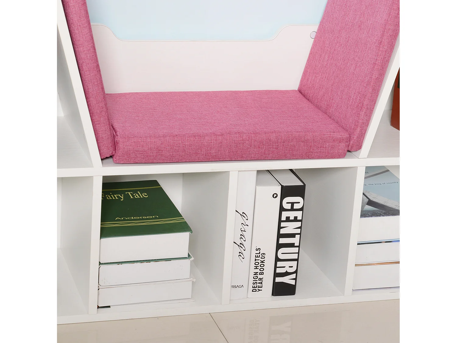 Bibliothèque banc 2 en 1 design contemporain 6 casiers 3 coussins fournis 102L x 30l x 61H cm blanc rose