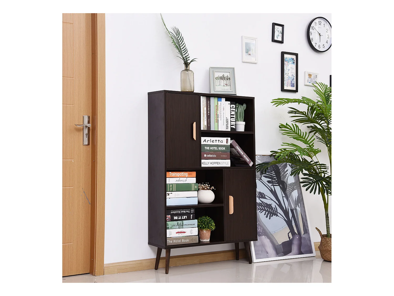 Bibliothèque scandinave 4 niches + 2 placards avec étagère dim. 80L x 24l x 123H cm pieds effilés inclinés bois massif panneaux particules wengé