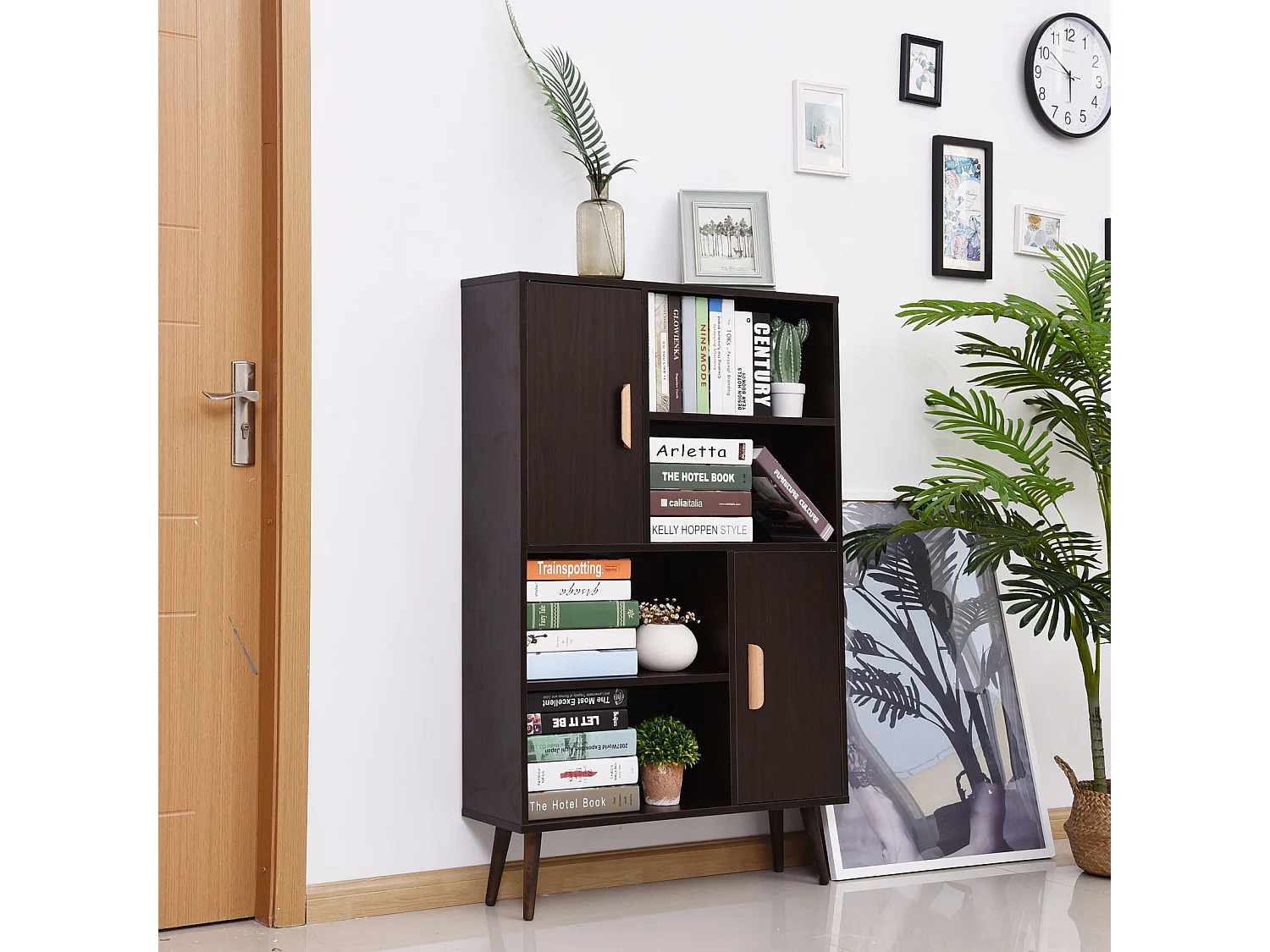 Bibliothèque scandinave 4 niches + 2 placards avec étagère dim. 80L x 24l x 123H cm pieds effilés inclinés bois massif panneaux particules wengé