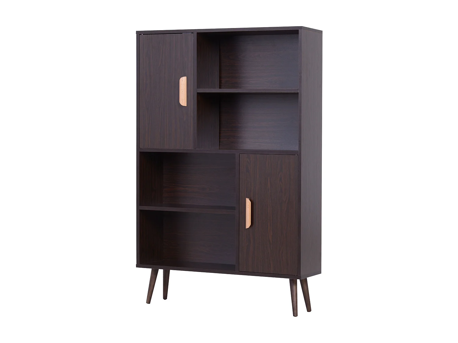 Bibliothèque scandinave 4 niches + 2 placards avec étagère dim. 80L x 24l x 123H cm pieds effilés inclinés bois massif panneaux particules wengé